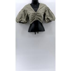 CHENTAITAI Women's Gray Ruched Tie-Back Balloon Short Sleeve Cropped Top SZ M